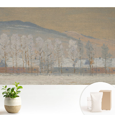 Tapeta do obývačky so zimnou horskou krajinou a malebnými chatkami