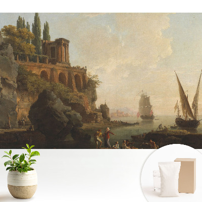 Tapeta do obývačky s motívom klasickej krajiny a plachetníc na pobreží