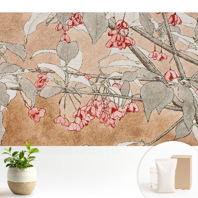 Tapeta s jemnými kvetmi a listami v tlmených farbách