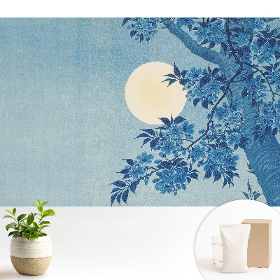 Luxusná tapeta s motívom modrých kvetov pri mesiaci