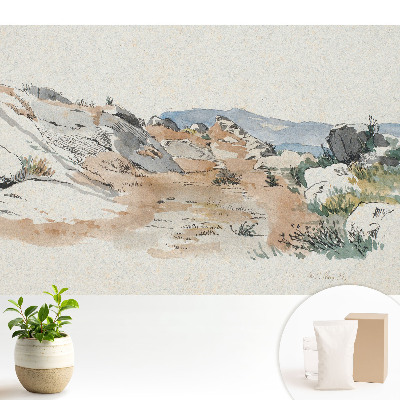Tapeta do obývačky s motívom skalnatej krajiny v pokojnom farebnom prevedení