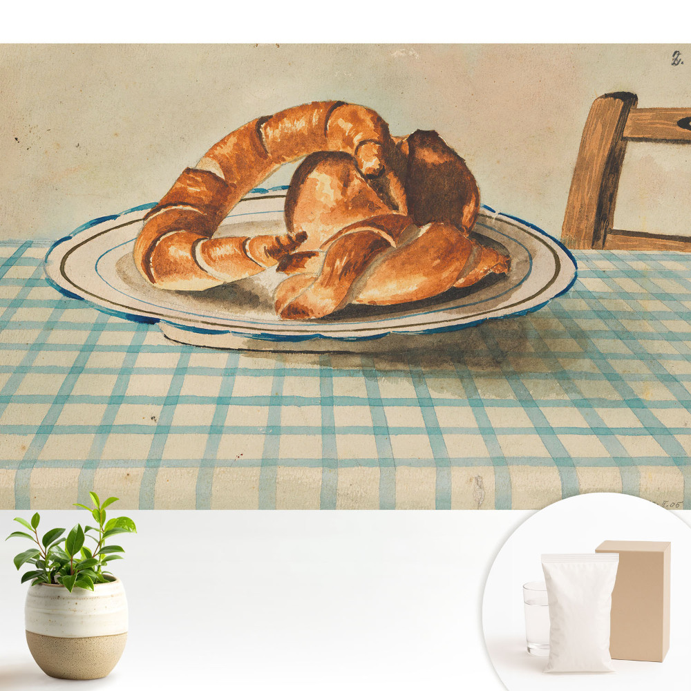 Tapeta na stenu s motívom croissantov na tanieri pri kockovanom stole