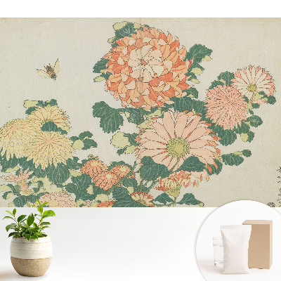 Tapeta do obývačky s motívom chryzantém a včely vyjadrujúca harmóniu