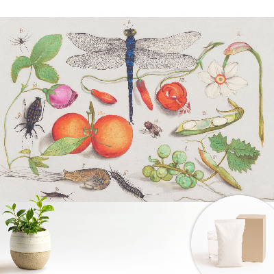 Tapeta do obývačky s botanickou kolážou a motívom hmyzu