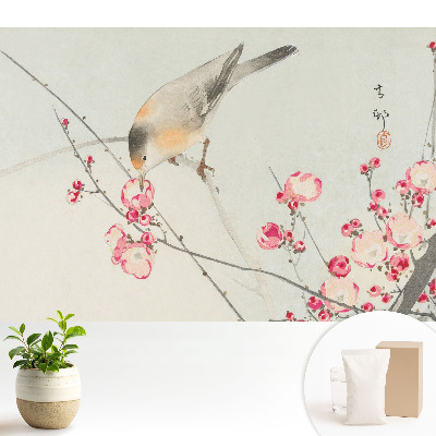 Tapeta do obývačky s motívom japonského vtáka a kvetov