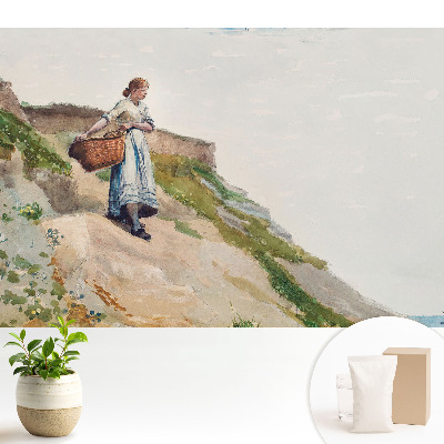 Tapeta do obývačky s motívom ženy s košíkom na svahu