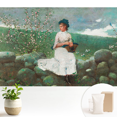 Tapeta na stenu s motívom kvetov a dievčaťa