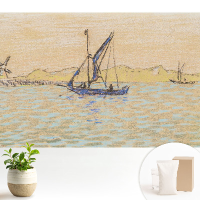 Tapeta do obývačky s motívom pastelovej krajiny a veterného mlyna