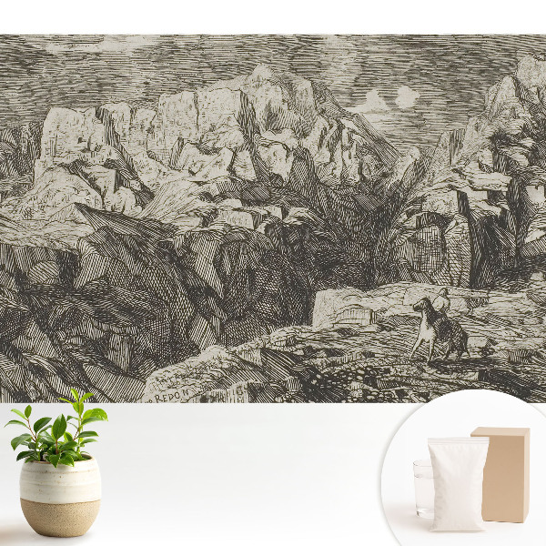 Luxusná tapeta Klasická grafika, drsné skaly, figúrka s oslom
