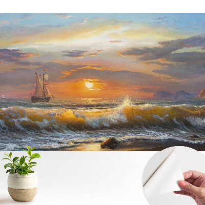 Samolepiace tapety s motívom plachetnice na mori pri západe slnka