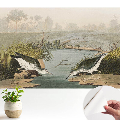 Tapeta na stenu samolepiaca s motívom vtákov pri jazere evokujúca harmóniu prírody