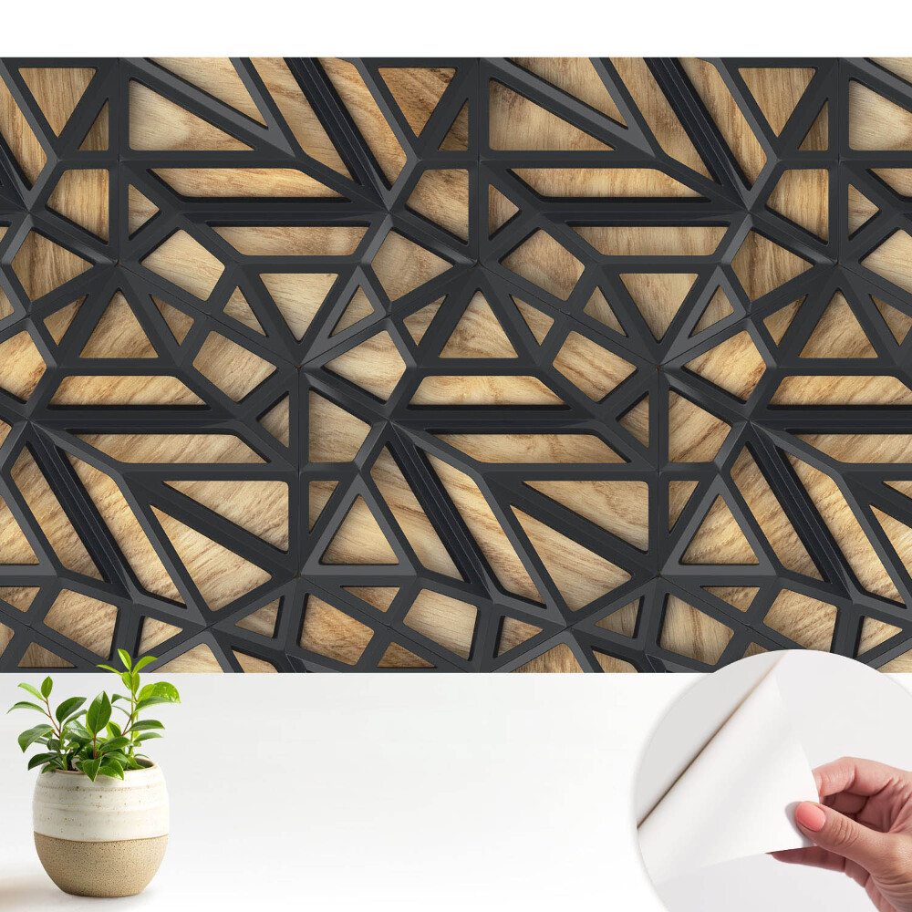 Tapeta na stenu samolepiaca s geometrickým vzorom trojuholníkov v odtieňoch dreva