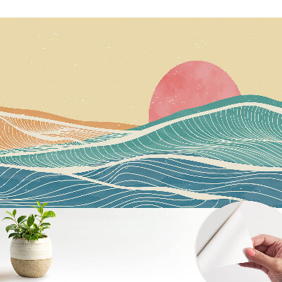 Luxusná tapeta s motívom morských vĺn a ružového slnka v abstraktnom štýle