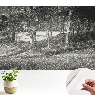 Luxusná tapeta s motívom krajiny so stromami a riekou, vyjadrujúca pokoj a harmóniu