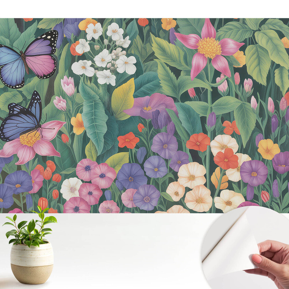 Tapeta do obývačky Farebná lúka plná kvetov a motýľov.