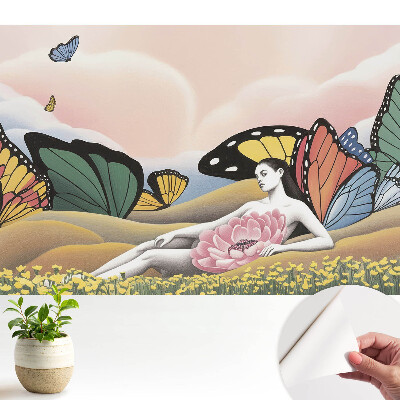 Tapeta do obývačky žena s farebnými motýľmi na lúke
