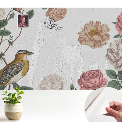 Tapeta Kvety a vták na pozadí steny