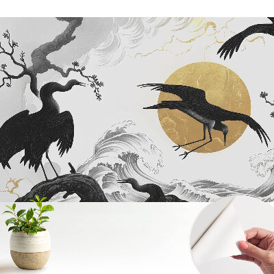 Tapety na stenu samolepiace Minimalistické vtáky a vlny s kruhom