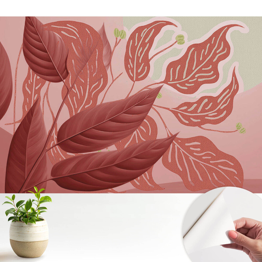 Tapety na stenu samolepiace Červené listy na ružovom pozadí