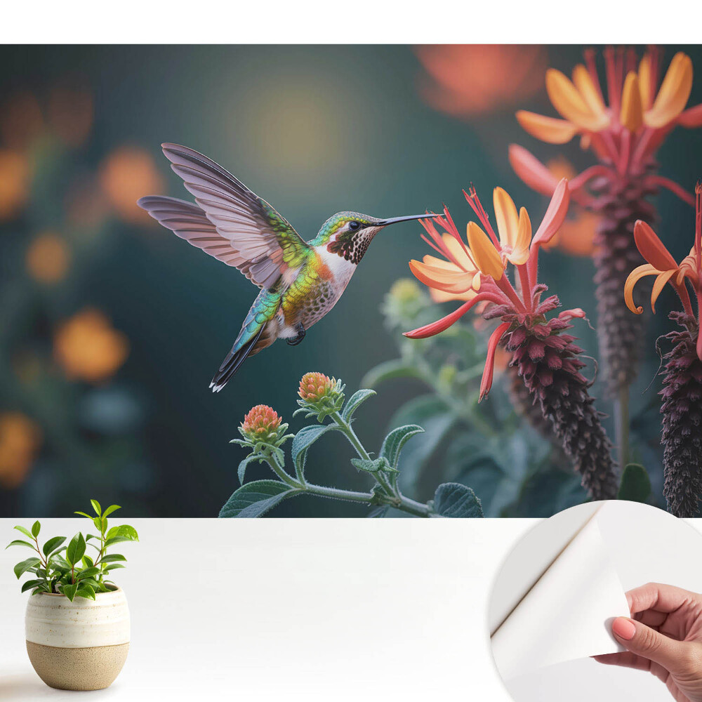 Luxusná tapeta s motívom kolibríka medzi kvitnúcimi rastlinami