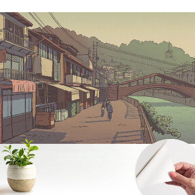 Tapeta na stenu samolepiaca s motívom mosta a ulice v pastelových farbách