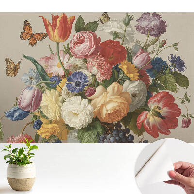 Tapeta do obývačky s farebnou kyticou kvetov a motýľmi