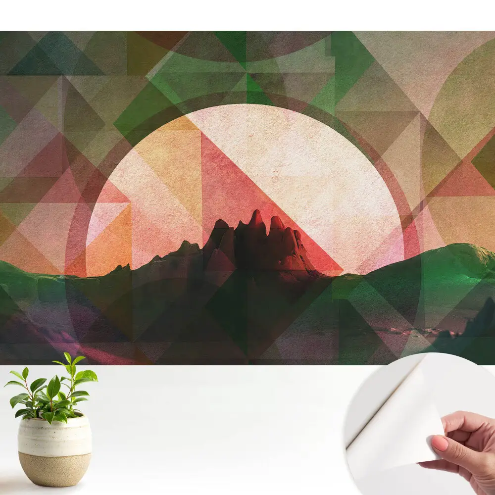 Tapeta do obývačky s motívom geometrických hôr pri západe slnka