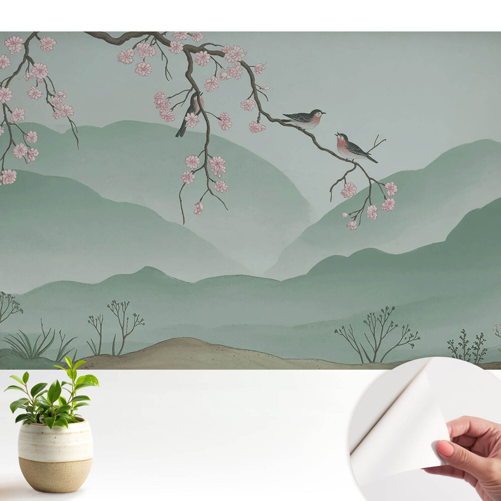 Tapety na stenu samolepiace Kvety a vtáky na pozadí kopcov