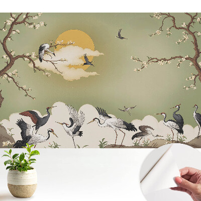Luxusná tapeta so vzorom žeriavov a kvitnúcich stromov