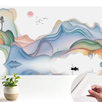 Tapeta do obývačky s motívom pastelovej krajiny a zvlnenými horami
