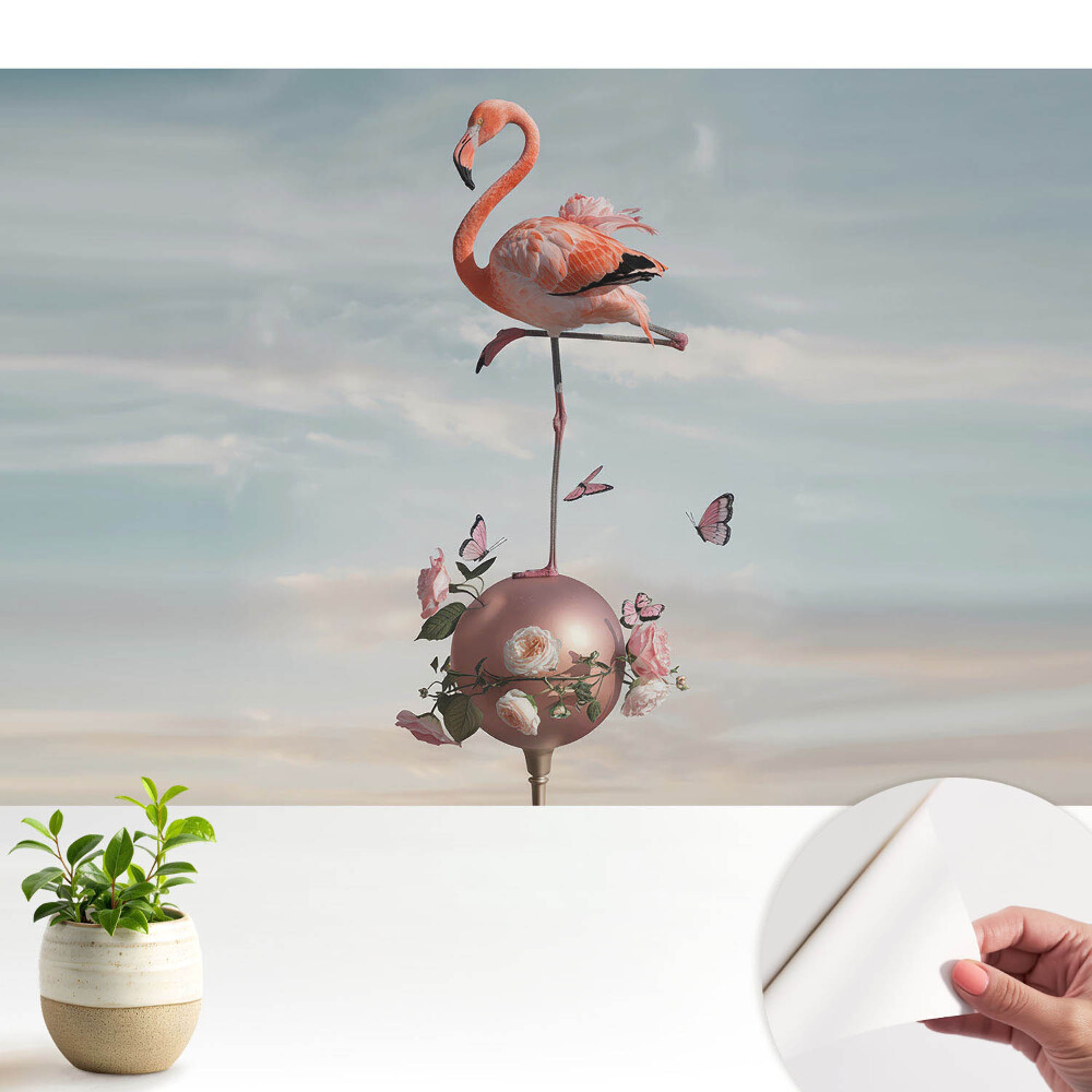 Tapety na stenu samolepiace Plameniak s kvetmi a motýľmi