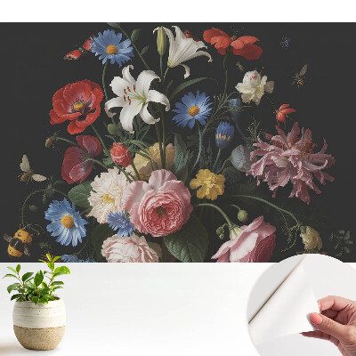 Tapeta na stenu samolepiaca s klasickým kvetinovým motívom a zobrazením hmyzu