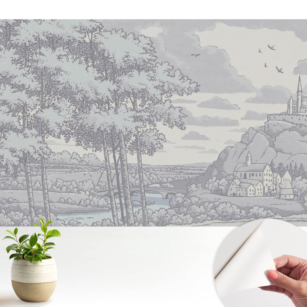 Tapeta do obývačky hrad, les, rieka, klasická ilustrácia