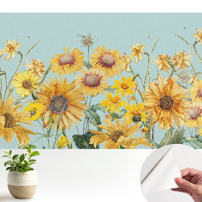 Luxusná tapeta s rustikálnymi slnečnicami a kvetmi na modrom podklade