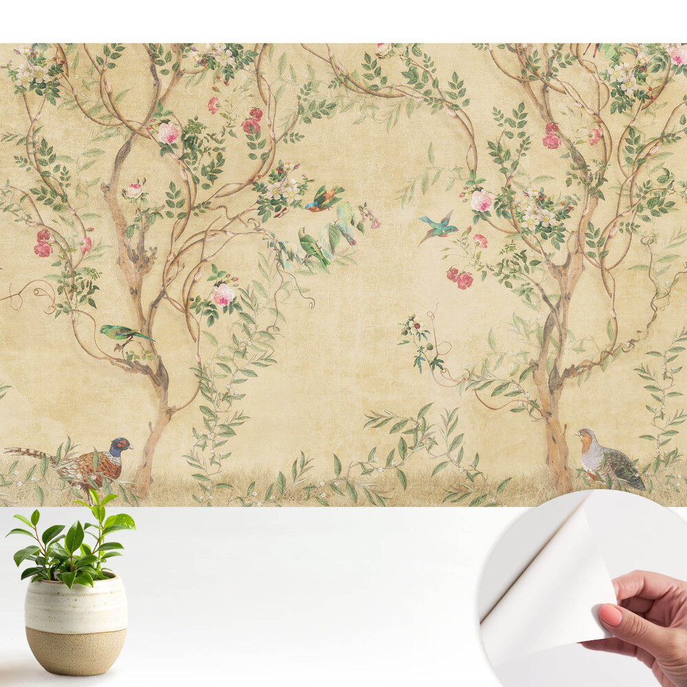 Luxusná tapeta Elegantný strom s kvetmi a vtákmi