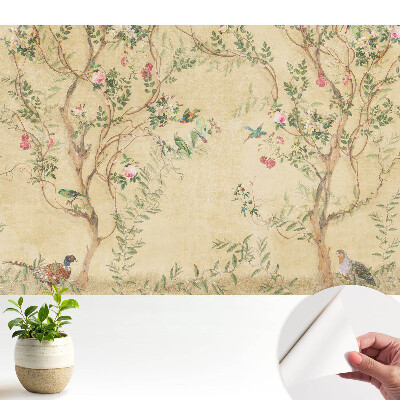 Luxusná tapeta s motívom elegantného stromu s kvetmi a vtákmi