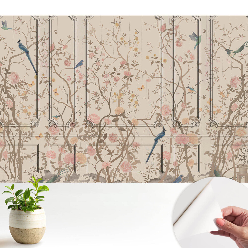 Tapety na stenu samolepiace Vtáky a ruže na pozadí panelov