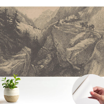 Tapeta na stenu samolepiaca s motívom horskej krajiny a cestovateľov