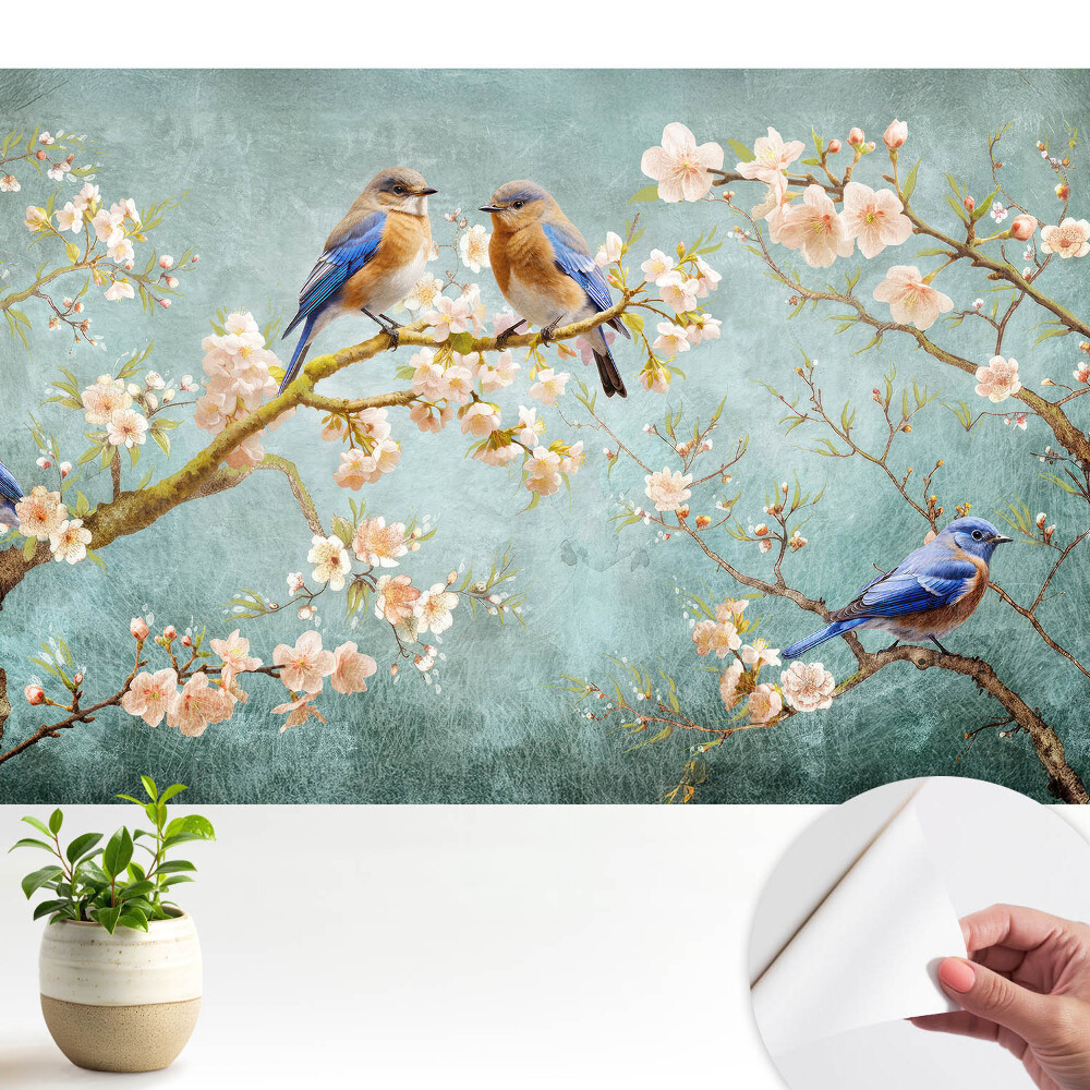 Tapety na stenu samolepiace Vtáky na kvitnúcich konároch pastelový vzor