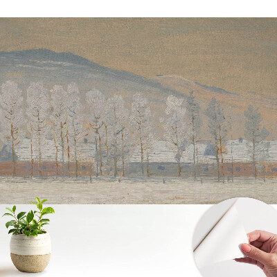 Tapeta do obývačky s motívom zimnej horskej krajiny a malebnými chatkami