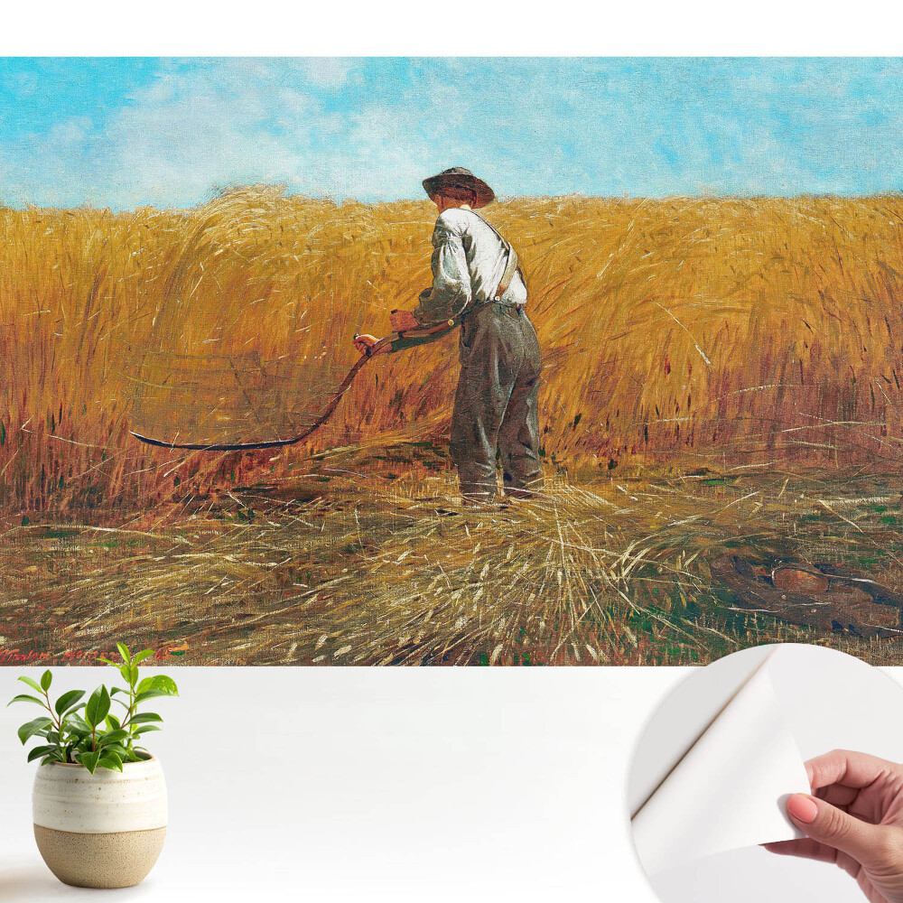 Tapeta Farmár na pšeničnom poli pod modrou oblohou