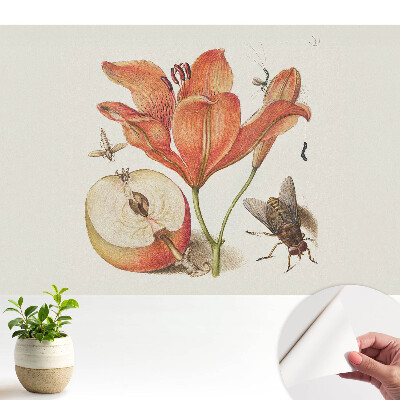 Tapeta s kvetinovým motívom, hmyzom a ovocím vyjadrujúca harmóniu prírody