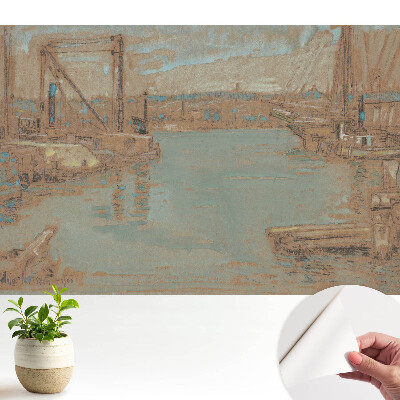 Tapeta na stenu samolepiaca s motívom klasickej prístavnej krajiny v odtieňoch modrej