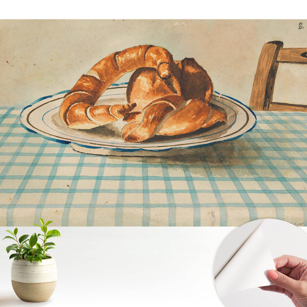 Tapeta na stenu samolepiaca s motívom croissantov na tanieri pri kockovanom stole