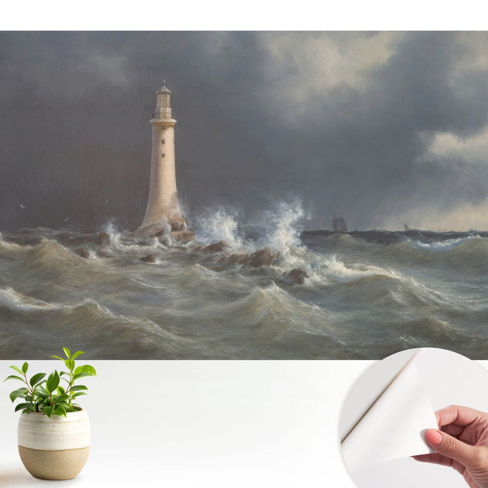 Tapeta do obývačky Rozbúrené more, maják, loď v diaľke