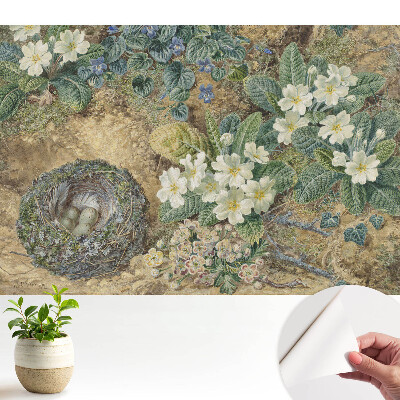 Tapeta s motívom prvosienok a vtáčieho hniezda