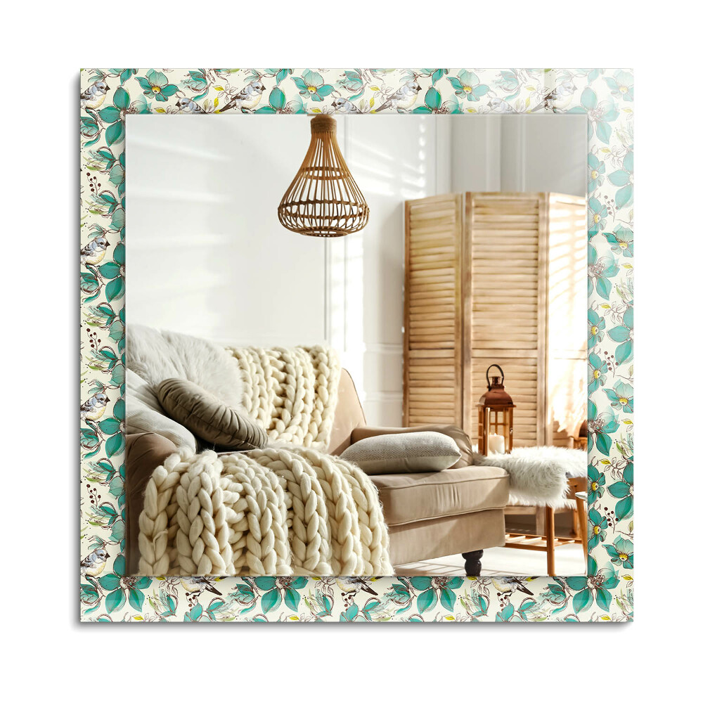 Obdĺžnikové zrkadlo rám s potlačou Vtáky a kvety