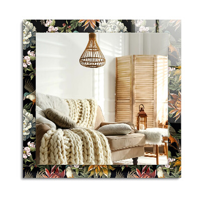 Obdĺžnikové dekoračné zrkadlo na stenu Kvety a vtáky