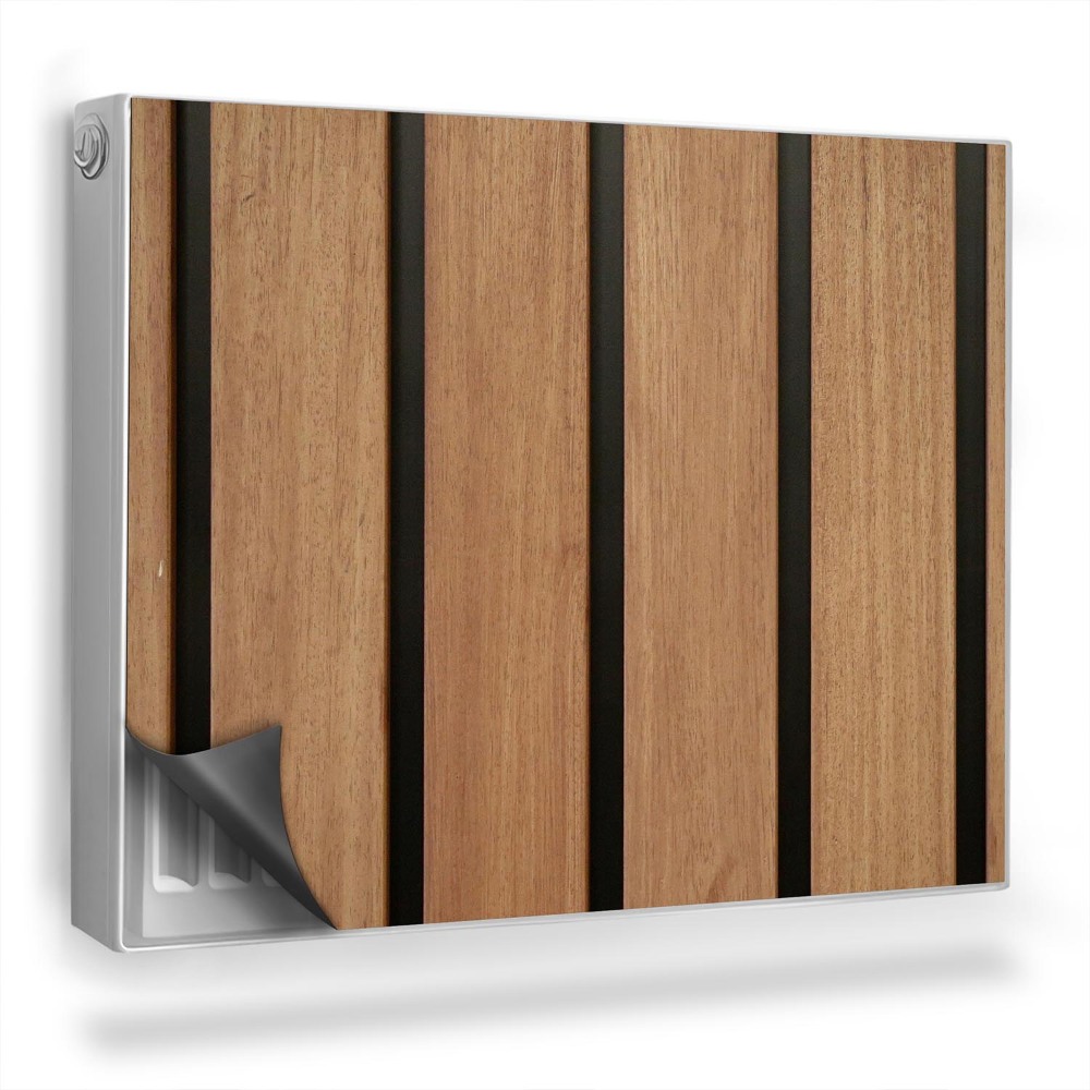 Magnetický kryt na radiátor Detailný záber na široké drevené lamely, vertikálne