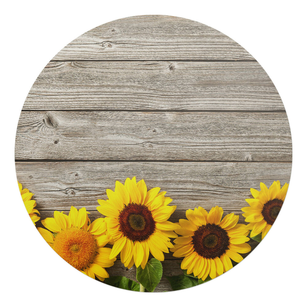 Podložka pod kolieskovú stoličku okrúhla Slnečnice na drevenom pozadí